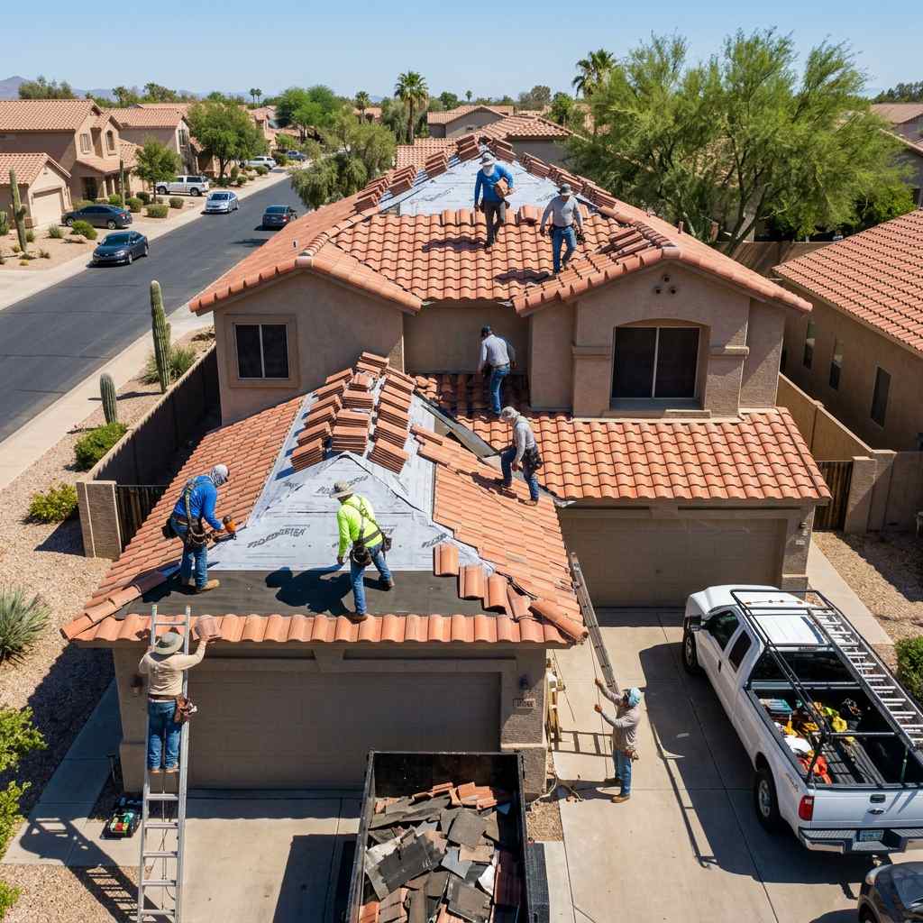 Esperto Roofing crew installing tile roofing on an Arizona home