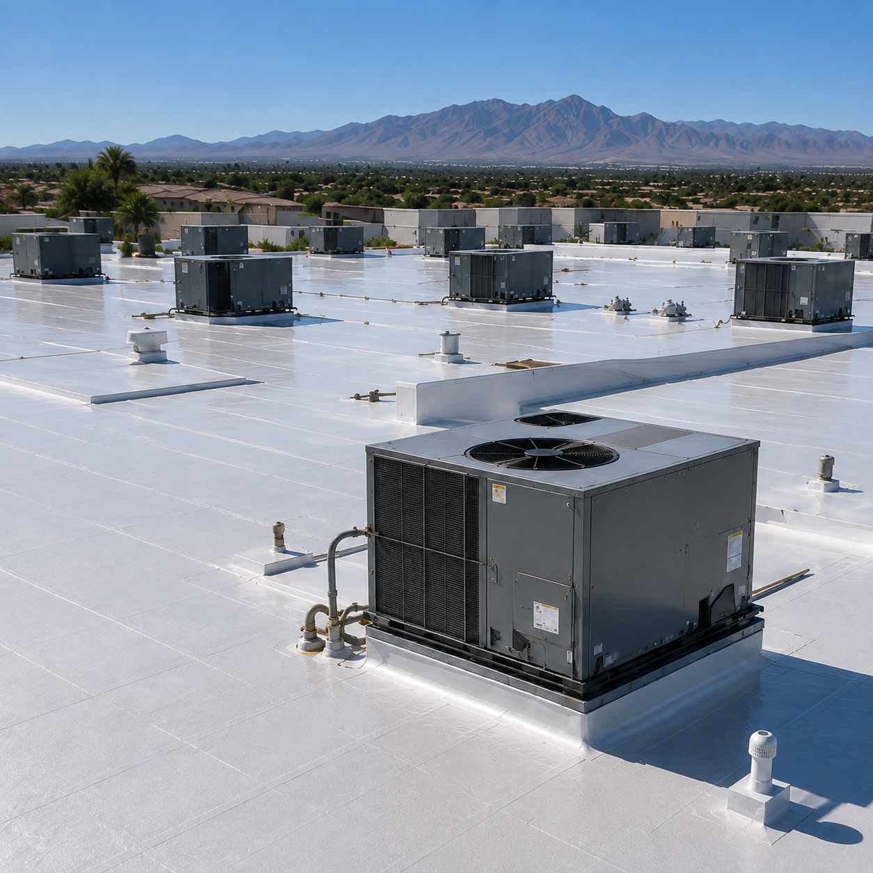 White commercial roof with rooftop air conditioning units and mountains in the distance