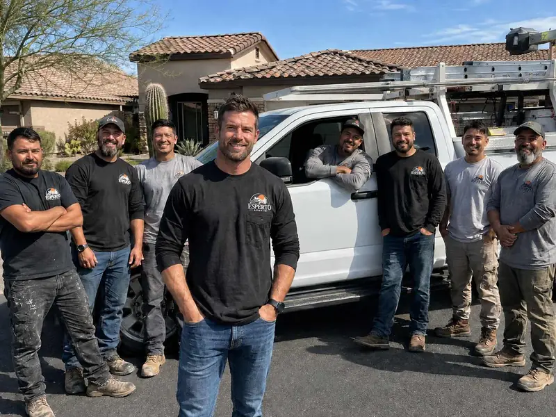 The Esperto Roofing team standing with a company truck at a Phoenix home