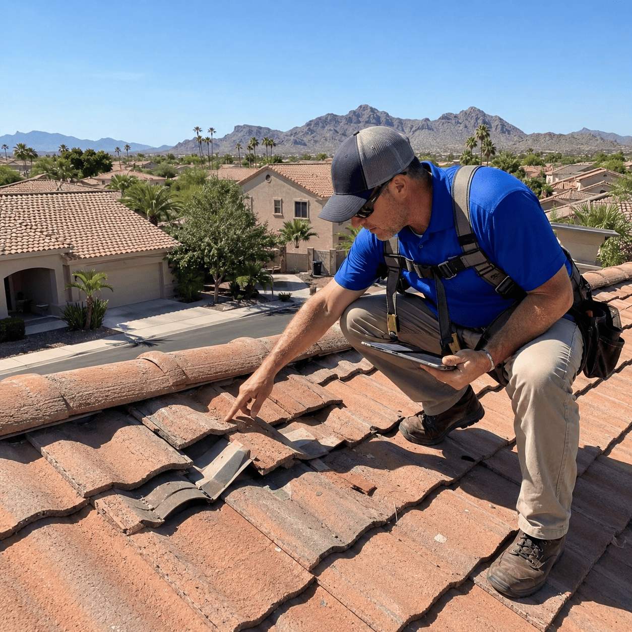 Roof inspector documenting damaged tile on a Phoenix home