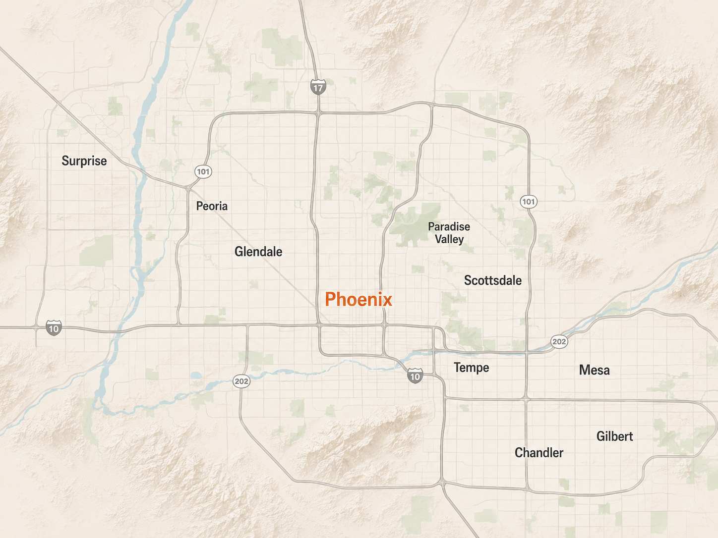 Map of Phoenix and nearby Valley cities, including Surprise, Peoria, Glendale, Scottsdale, Tempe, Mesa, Chandler, and Gilbert