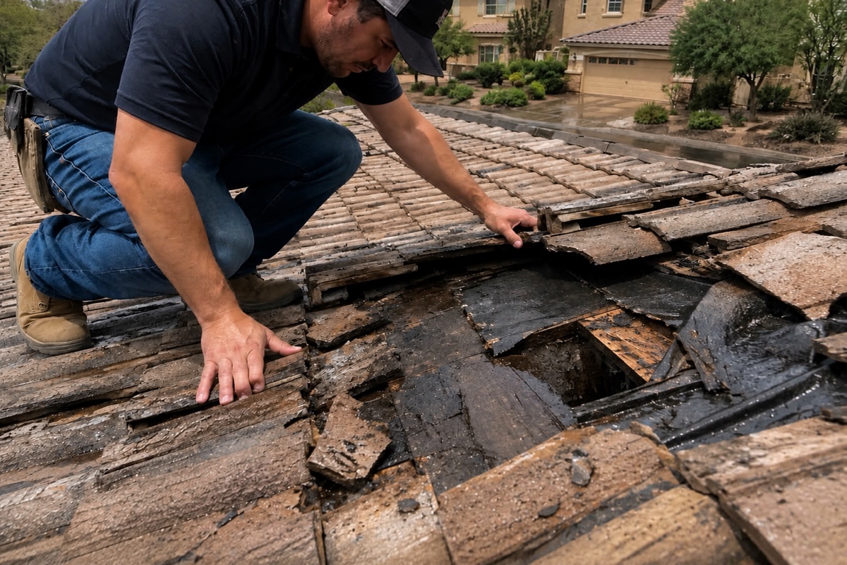 Roofing professional inspecting water-damaged decking beneath a tile roof in Phoenix