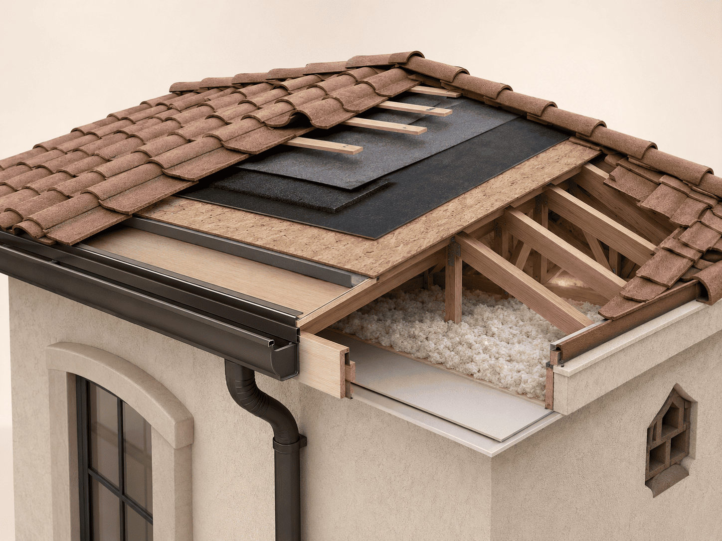 3D cutaway of an Arizona tile roof showing tile, underlayment, roof decking, framing, insulation, and gutters