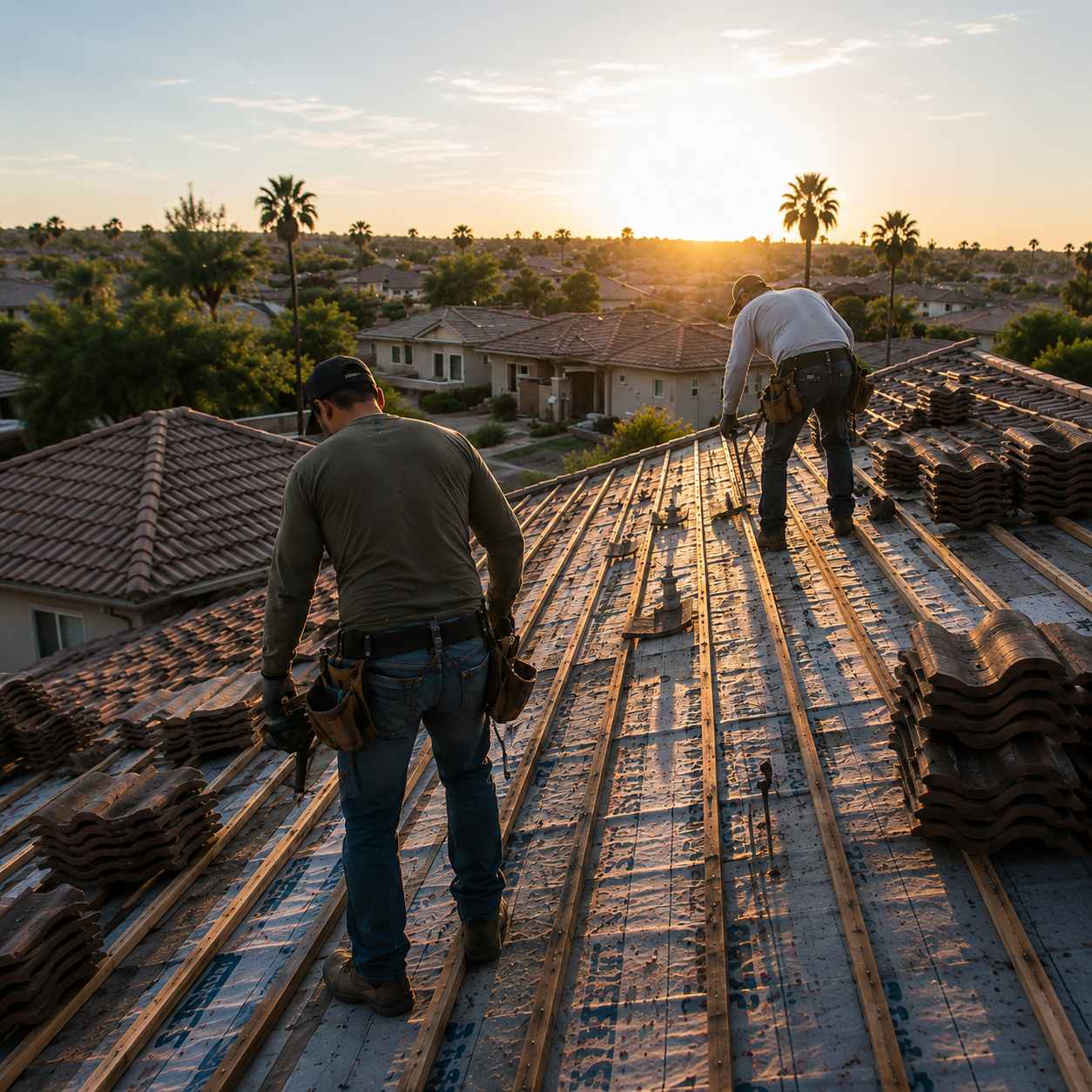 Roofers replacing tile roofing on a Phoenix home at sunset
