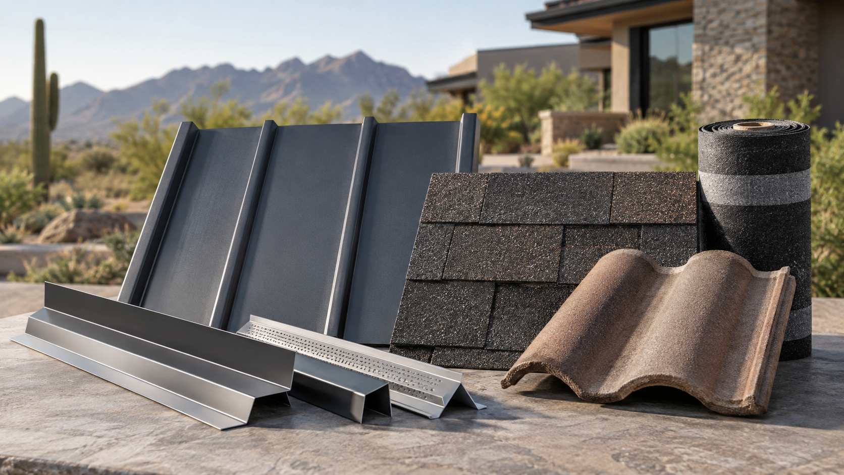 Samples of metal roofing, asphalt shingles, tile, flashing, and underlayment in an Arizona setting