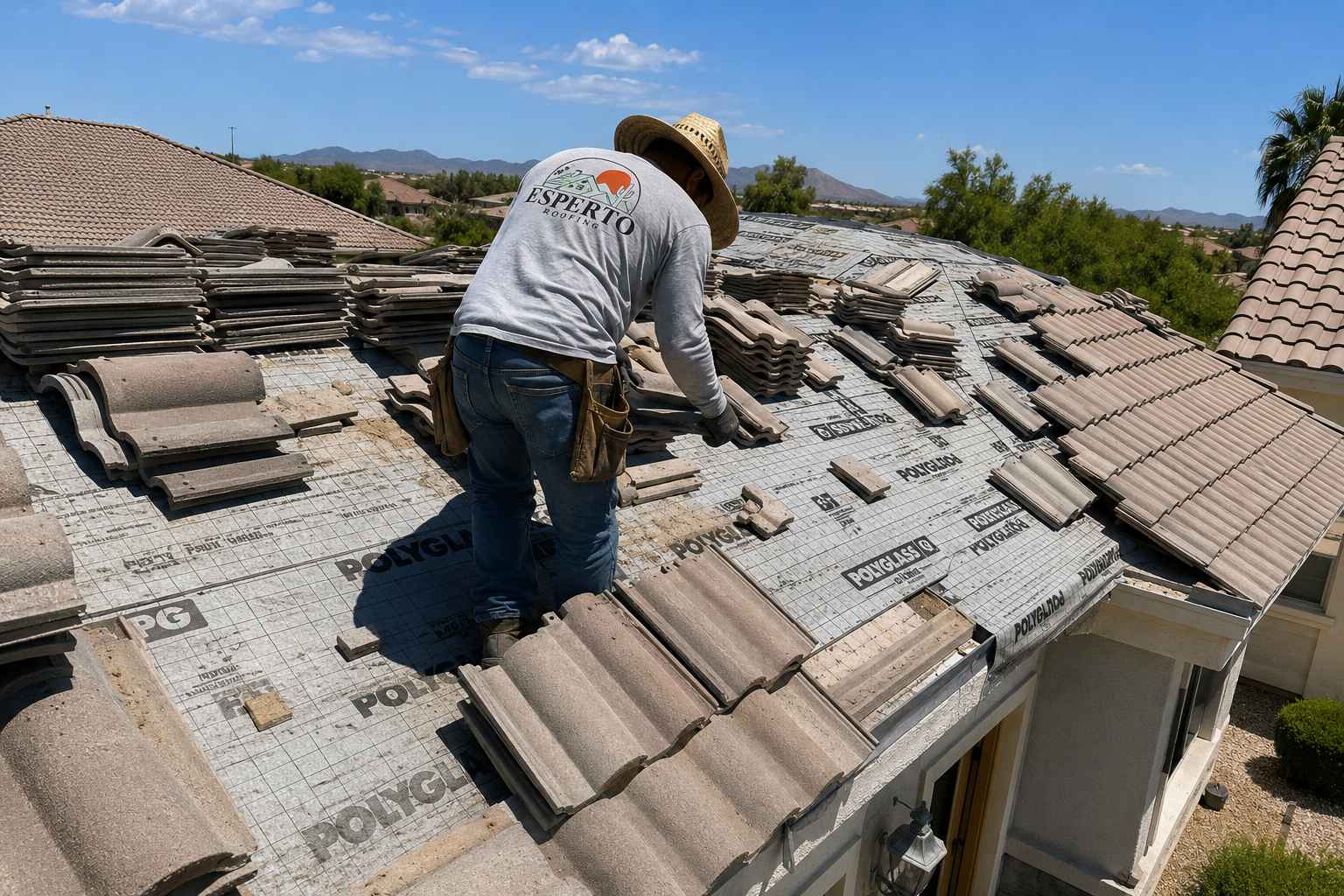 Esperto Roofing installer replacing concrete tile over new underlayment on an Arizona home